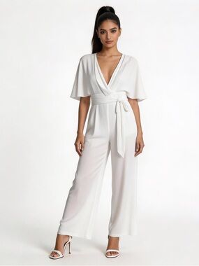 SHEIN | White Spliced Neck Flutter Sleeve Jumpsuit Sz XS